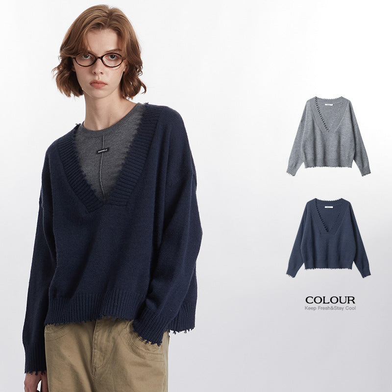 European American Raw Edges Design V-neck Long-sleeved Sweater