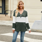 Women's Long Sleeve V-collar Contrast Color Loose Top