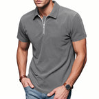 Mens Loose Corduroy Half-Zip Polo Short-Sleeve T-Shirt