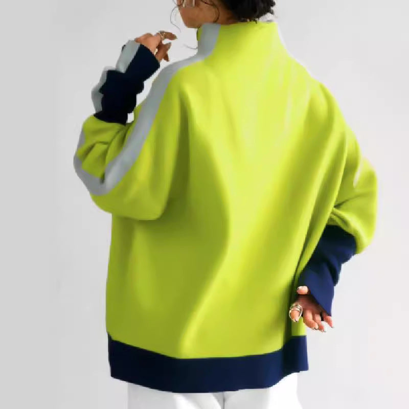 Long Sleeve Contrast Color Slit Turtleneck Hoodie And Sweatshirt