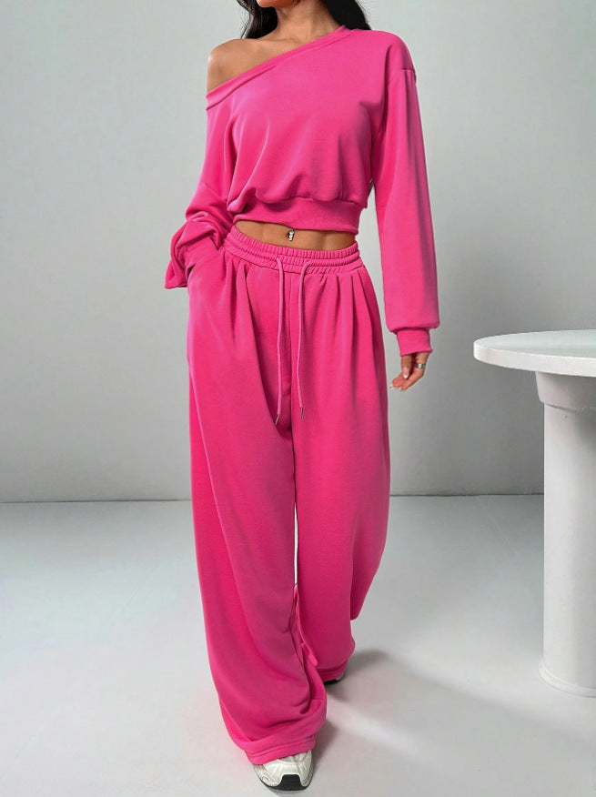 Women's Fashion Slim-fit Off-the-shoulder Navel Solid Color Casual Pants Suit