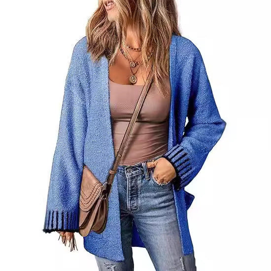 Long Sleeve Color Stitching Knitted Cardigan Pocket Women's Clothing