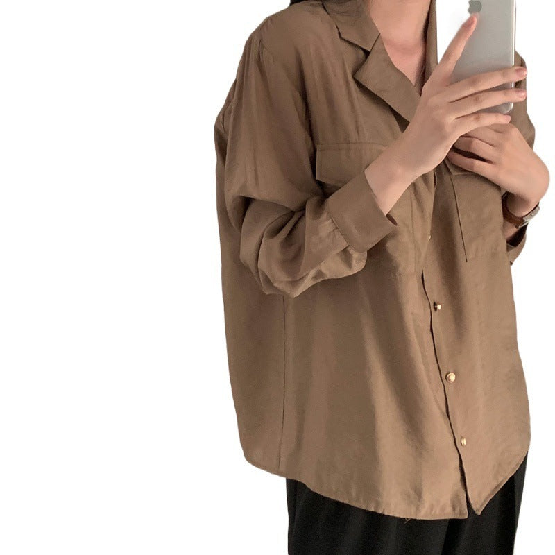 Early Autumn Retro Elegant Suit Collar Double Pocket Metal Breasted Loose Long Sleeve Shirt
