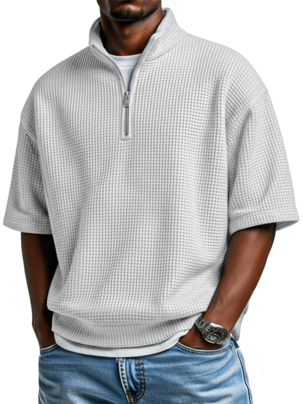 Waffle-knit Short-sleeve Polo Shirt For Men Loose-fitting Half-zip T-shirt