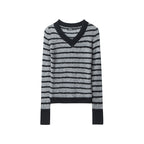 European And American V-neck Striped Design Minority Style New Long Sleeve Contrast Color Sweater