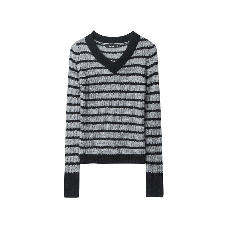 European And American V-neck Striped Design Minority Style New Long Sleeve Contrast Color Sweater