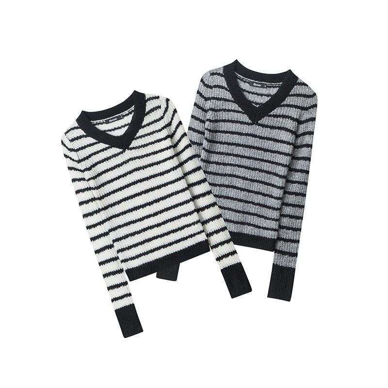 European And American V-neck Striped Design Minority Style New Long Sleeve Contrast Color Sweater