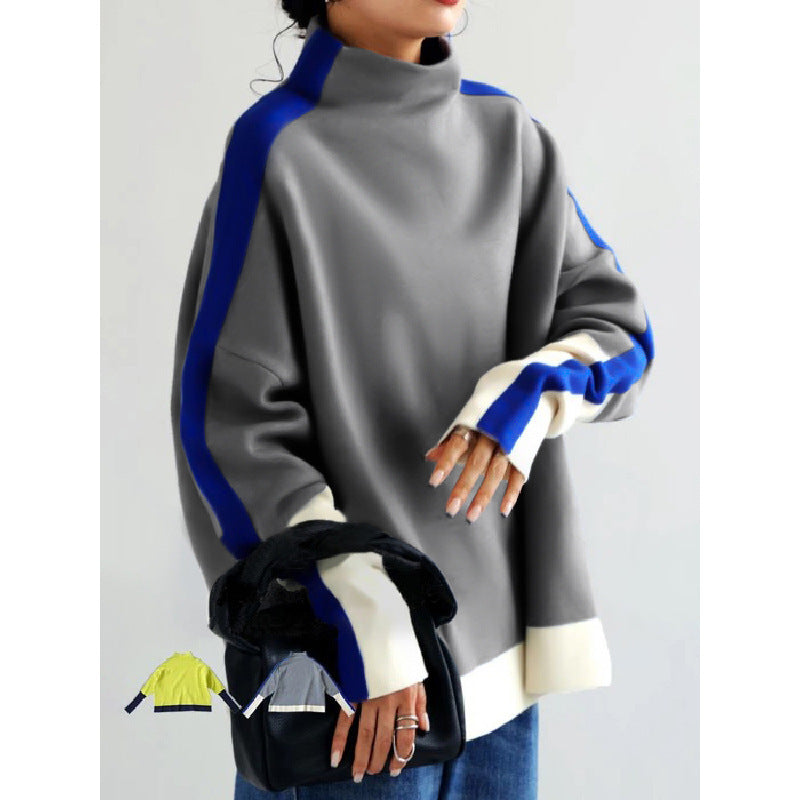 Long Sleeve Contrast Color Slit Turtleneck Hoodie And Sweatshirt