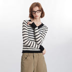 European And American V-neck Striped Design Minority Style New Long Sleeve Contrast Color Sweater