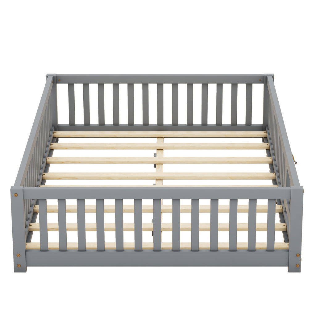 Full Size Bed Floor Bed With Safety Guardrails And Door For Kids, Gray