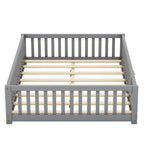 Full Size Bed Floor Bed With Safety Guardrails And Door For Kids, Gray