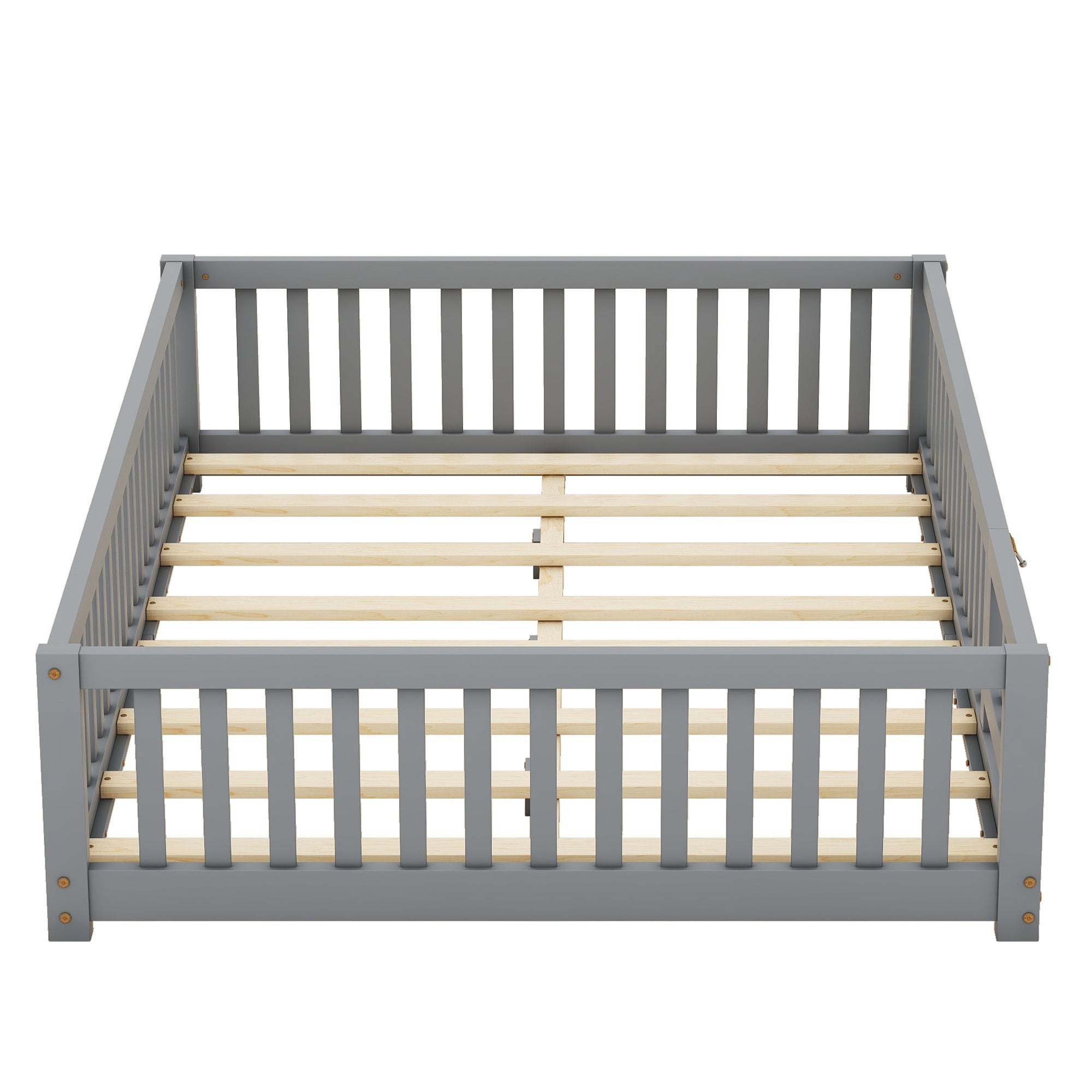 Full Size Bed Floor Bed With Safety Guardrails And Door For Kids, Gray