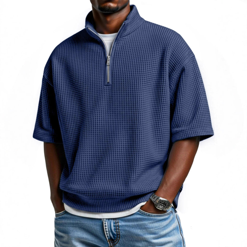 Waffle-knit Short-sleeve Polo Shirt For Men Loose-fitting Half-zip T-shirt