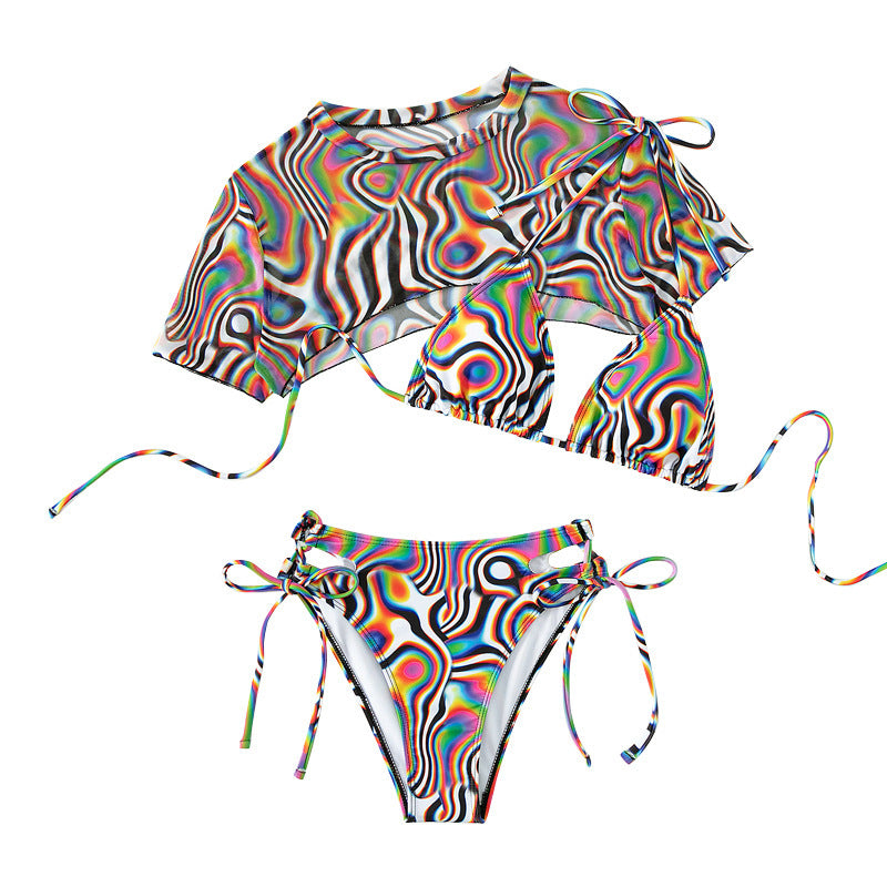 Women's Colorful Animal Print Mesh Rope Bikini – 3-Piece Swimsuit Set with Short Sleeve Cover-Up | Polyester Fiber for Swimming & Wading