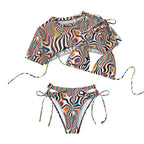 Women's Colorful Animal Print Mesh Rope Bikini – 3-Piece Swimsuit Set with Short Sleeve Cover-Up | Polyester Fiber for Swimming & Wading