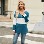 Women's Long Sleeve V-collar Contrast Color Loose Top