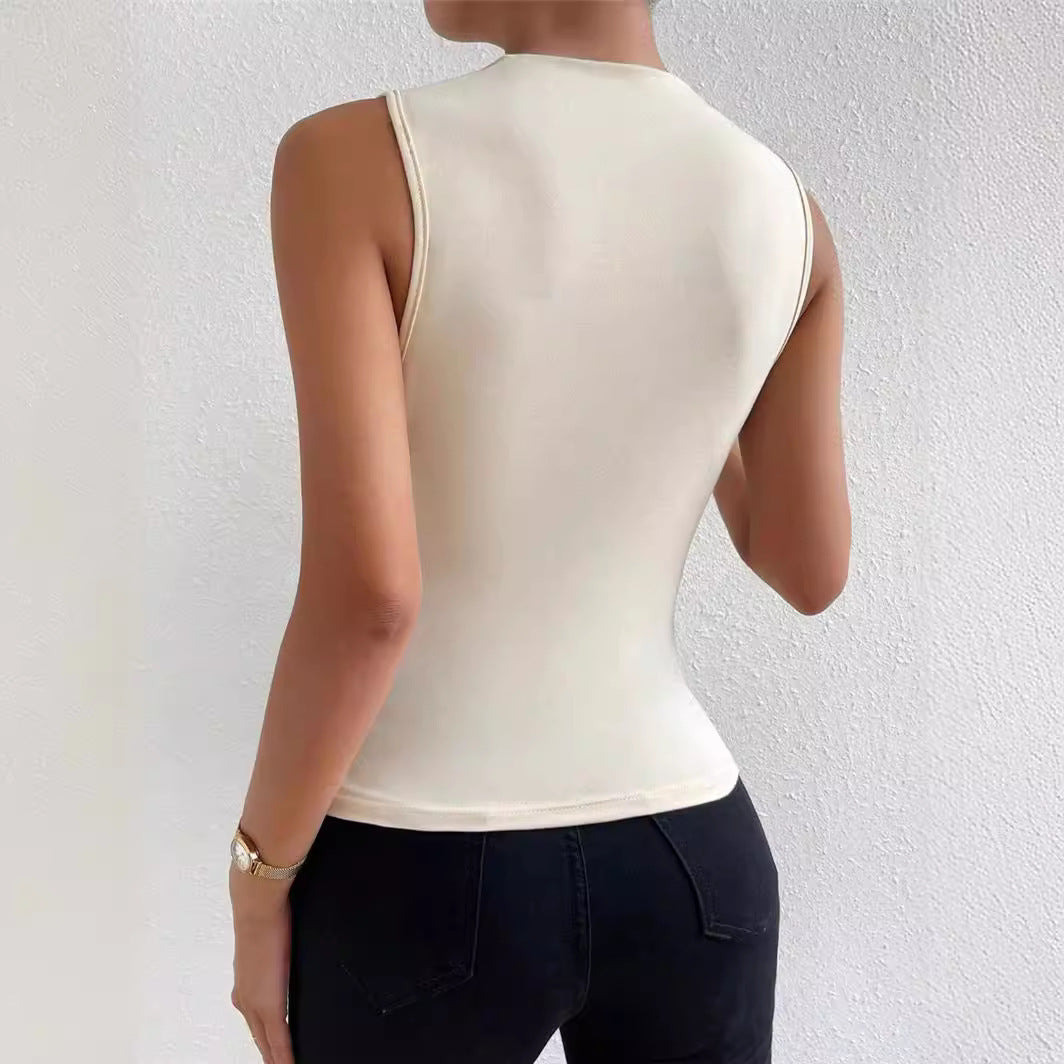 Fashionable All-match Solid Color Pleated Sleeveless Pullover Half Turtleneck T-shirt