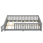 Full Size Bed Floor Bed With Safety Guardrails And Door For Kids, Gray