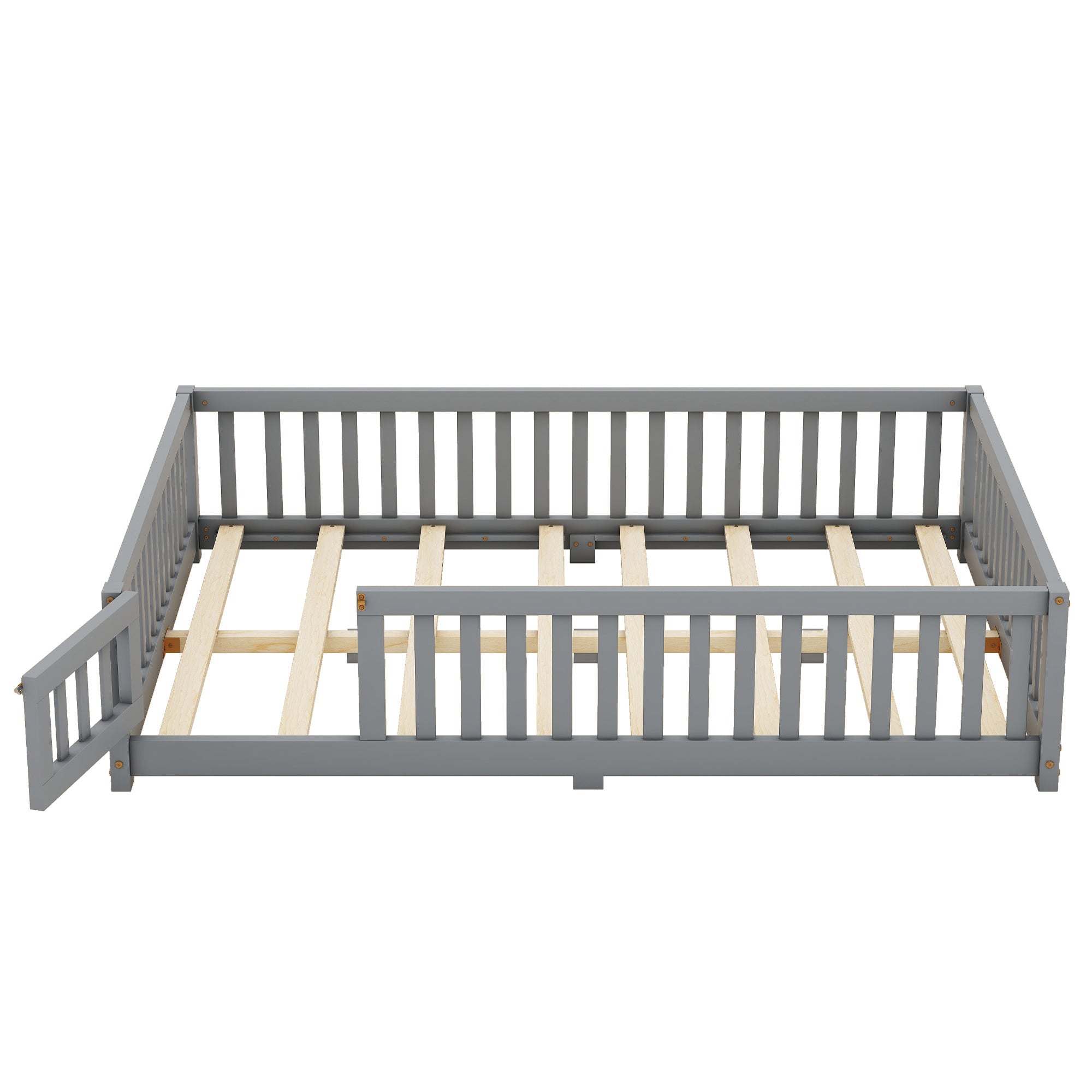 Full Size Bed Floor Bed With Safety Guardrails And Door For Kids, Gray