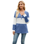 Women's Long Sleeve V-collar Contrast Color Loose Top