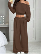 Women's Fashion Slim-fit Off-the-shoulder Navel Solid Color Casual Pants Suit