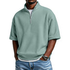 Waffle-knit Short-sleeve Polo Shirt For Men Loose-fitting Half-zip T-shirt