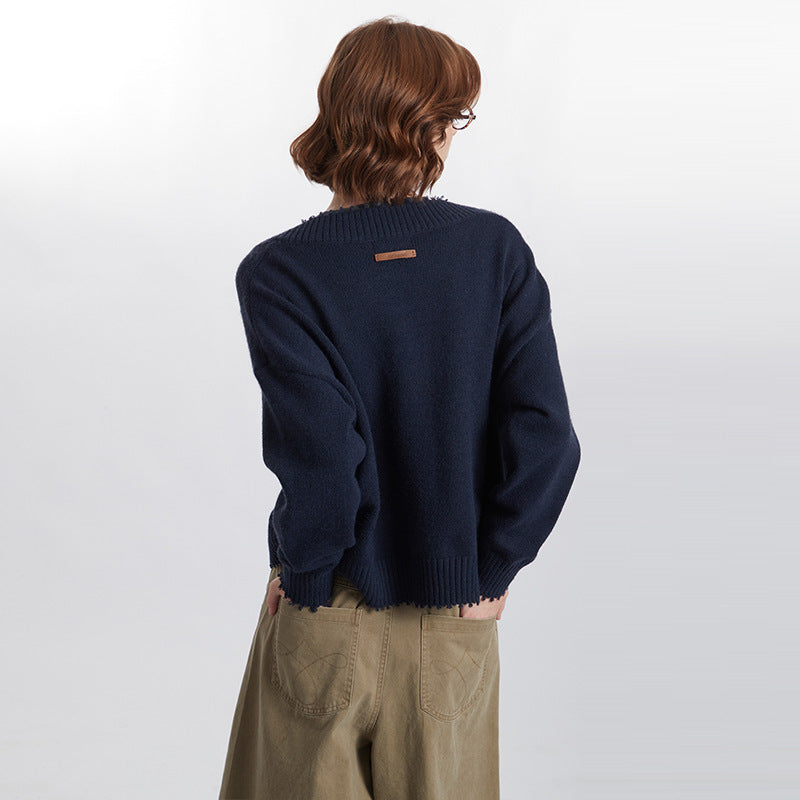 European American Raw Edges Design V-neck Long-sleeved Sweater