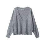 European American Raw Edges Design V-neck Long-sleeved Sweater