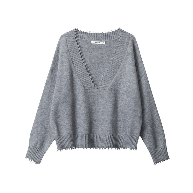 European American Raw Edges Design V-neck Long-sleeved Sweater