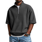 Waffle-knit Short-sleeve Polo Shirt For Men Loose-fitting Half-zip T-shirt