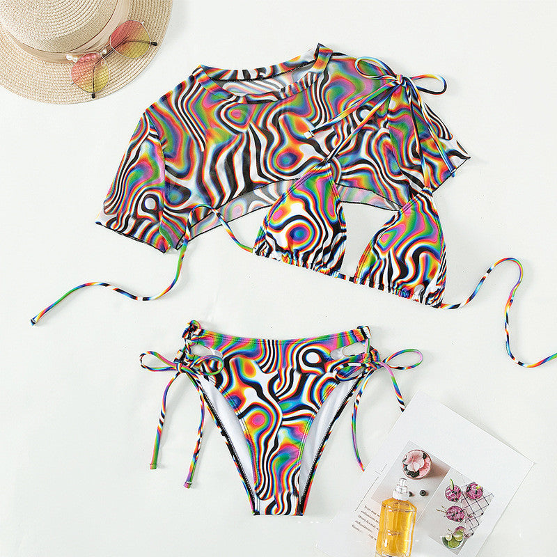 Women's Colorful Animal Print Mesh Rope Bikini – 3-Piece Swimsuit Set with Short Sleeve Cover-Up | Polyester Fiber for Swimming & Wading