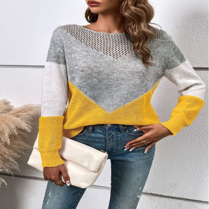 Hollow-out Spliced Casual Contrast Color Crew Neck Pullover Sweater