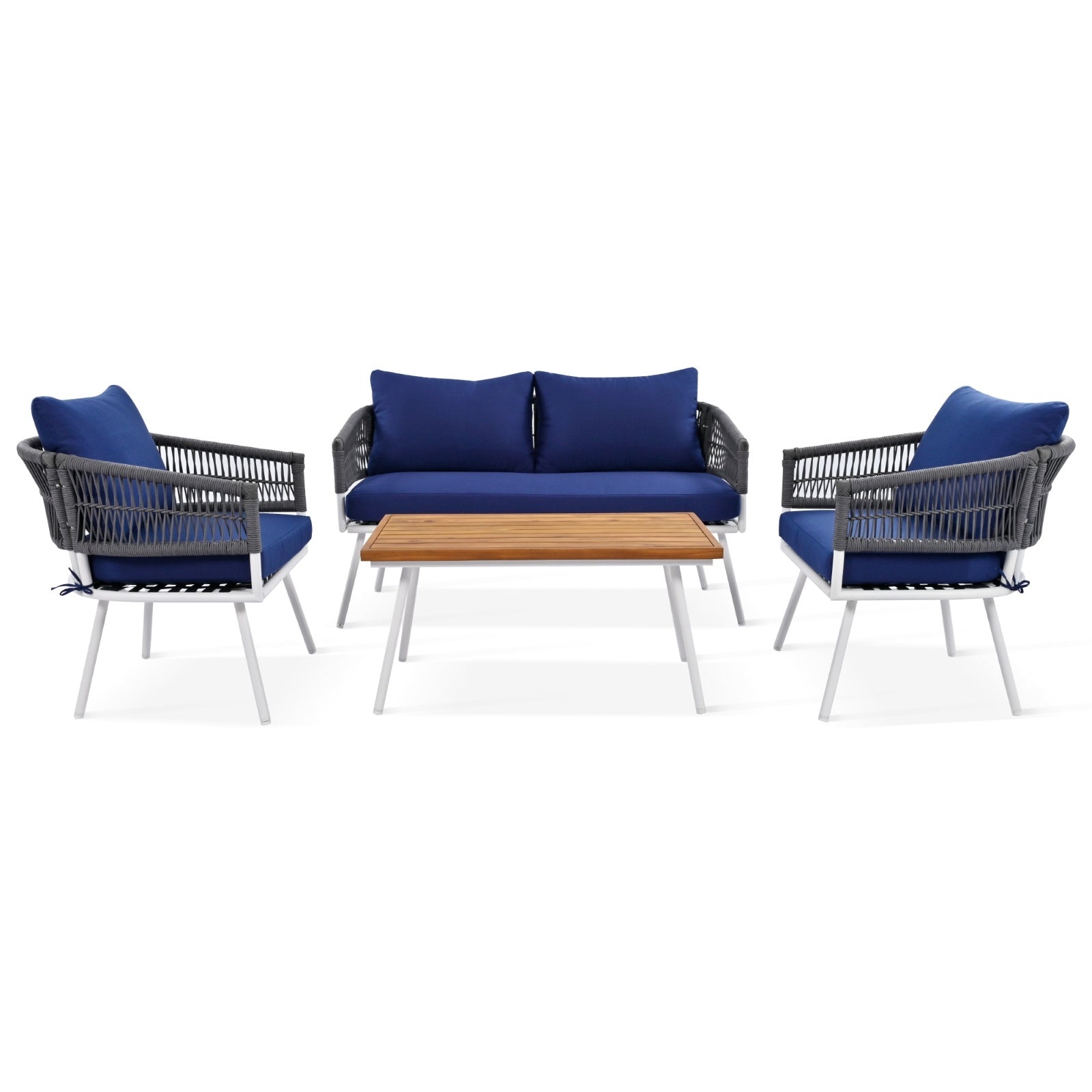 K&K 4-Piece Boho Rope Patio Furniture Set, Outdoor Furniture With Acacia Wood Table, Patio Conversat