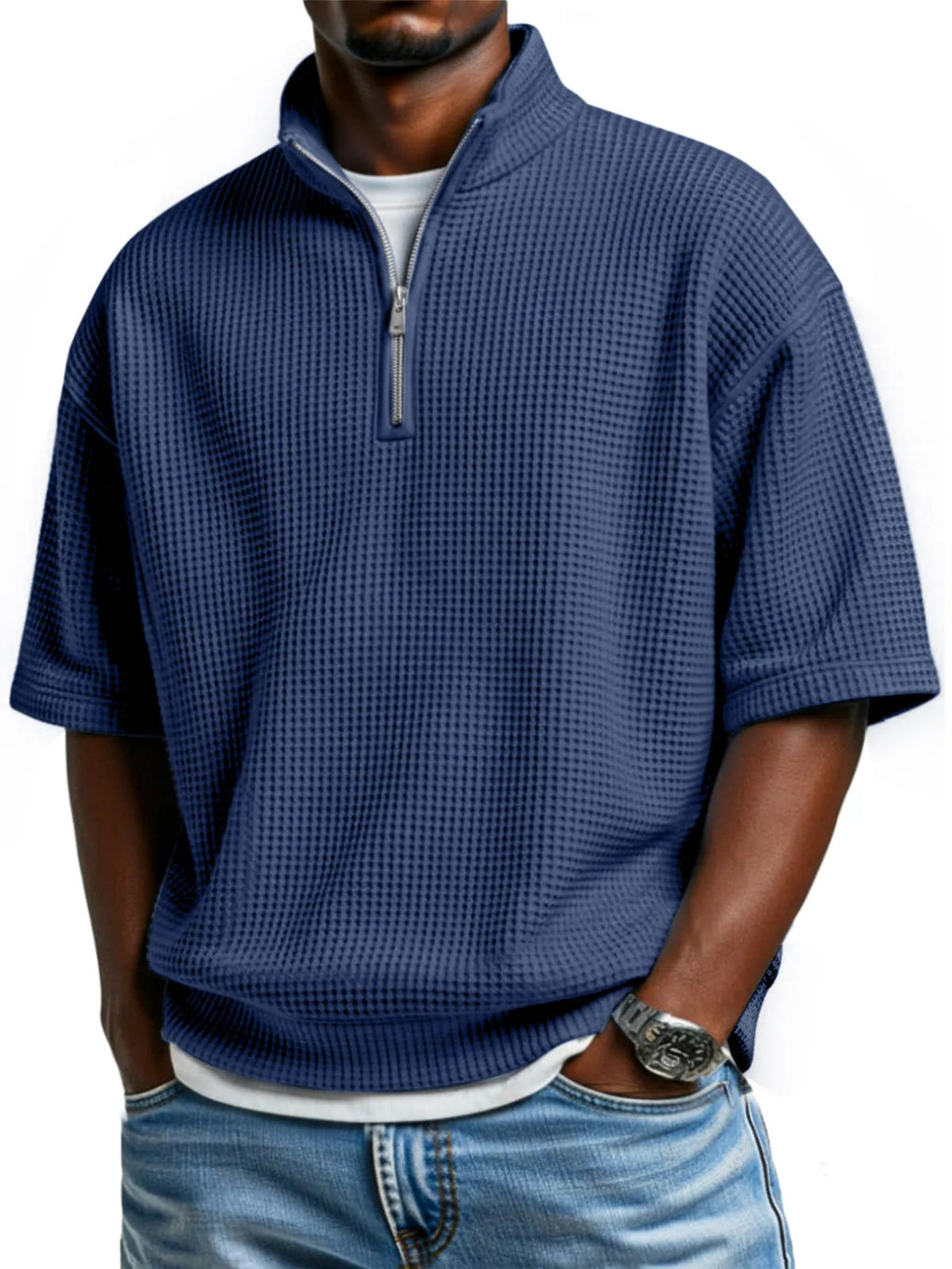 Waffle-knit Short-sleeve Polo Shirt For Men Loose-fitting Half-zip T-shirt