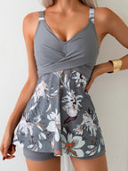 Women's Tankini Suit, Skirt, Chest Cross Two-piece Set, Flower Print, Holiday Style