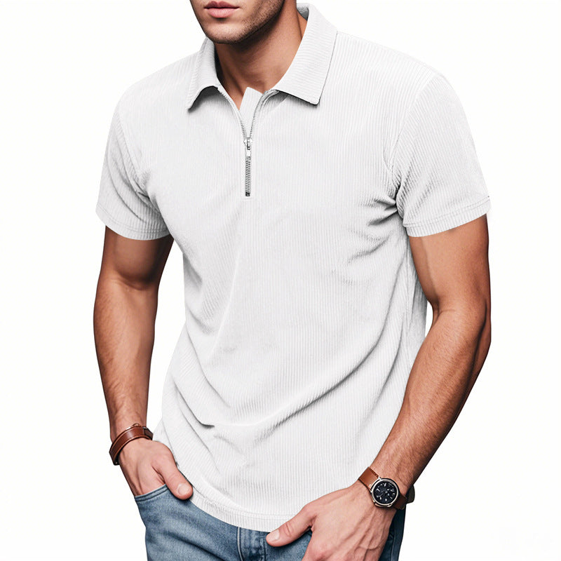 Mens Loose Corduroy Half-Zip Polo Short-Sleeve T-Shirt
