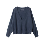 European American Raw Edges Design V-neck Long-sleeved Sweater