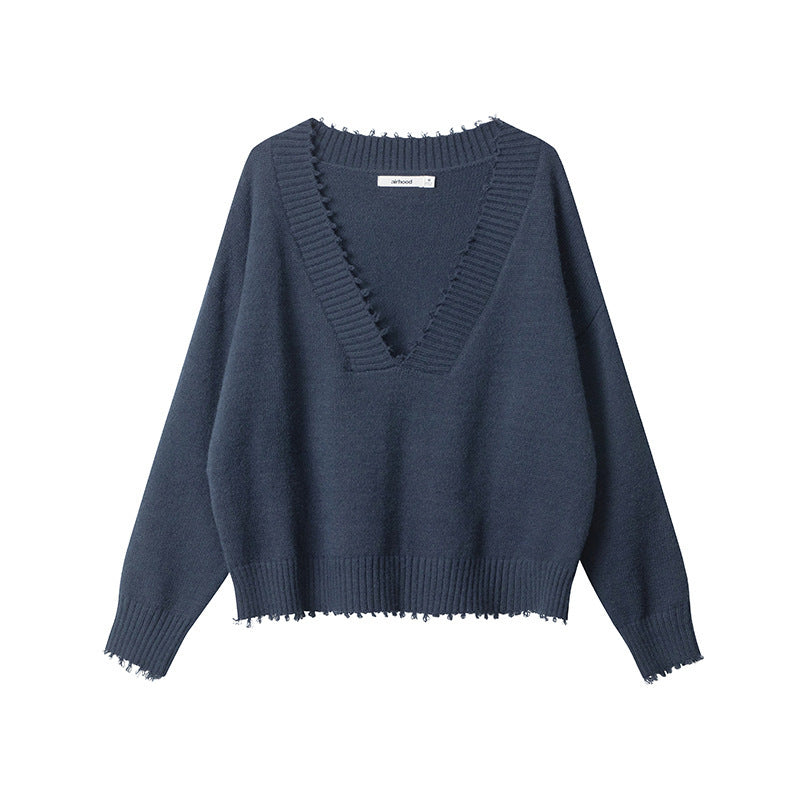 European American Raw Edges Design V-neck Long-sleeved Sweater