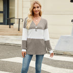Women's Long Sleeve V-collar Contrast Color Loose Top