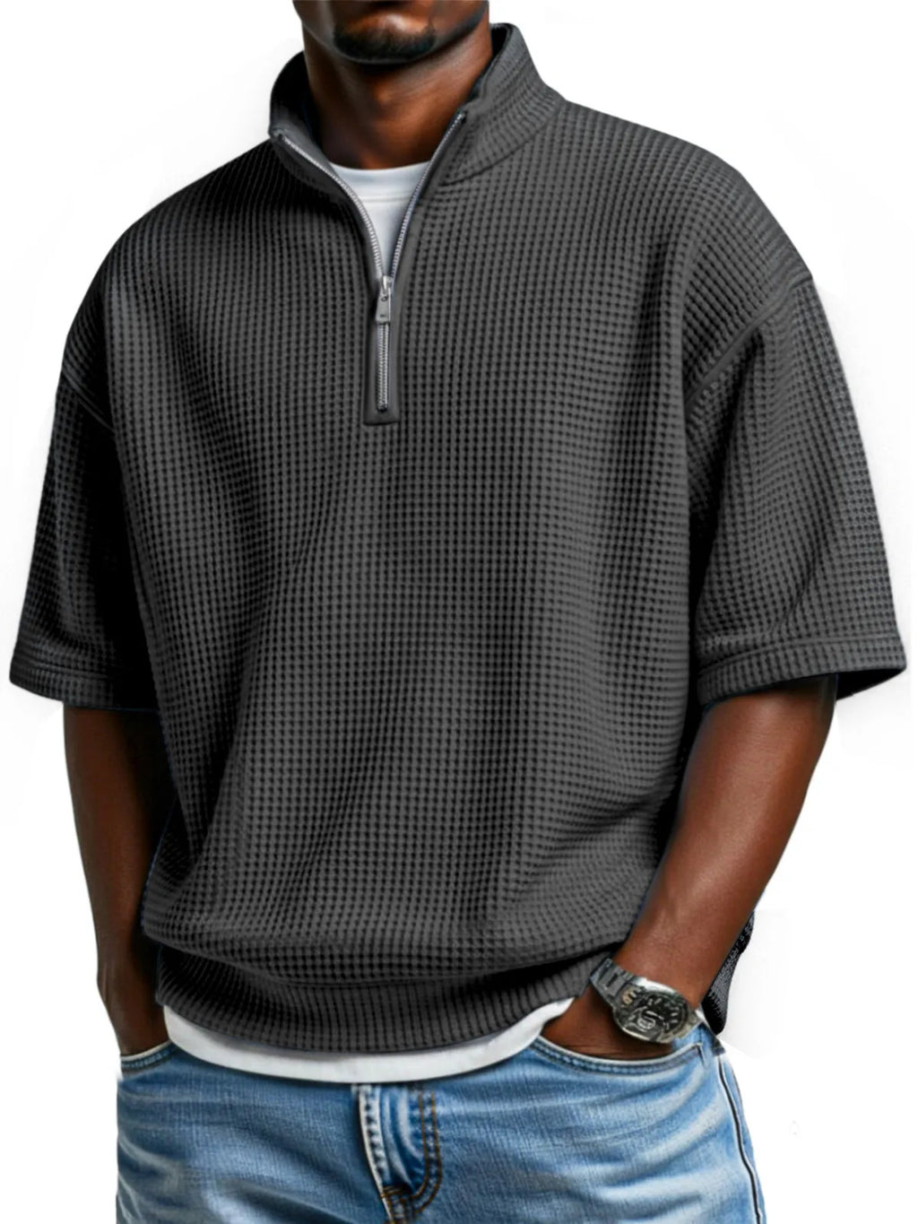 Waffle-knit Short-sleeve Polo Shirt For Men Loose-fitting Half-zip T-shirt