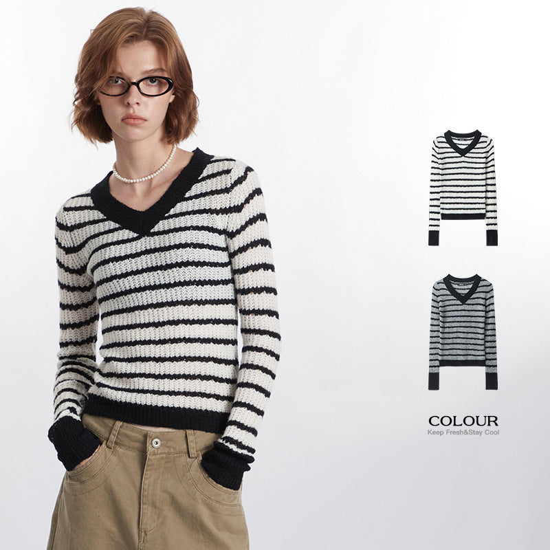 European And American V-neck Striped Design Minority Style New Long Sleeve Contrast Color Sweater
