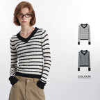 European And American V-neck Striped Design Minority Style New Long Sleeve Contrast Color Sweater