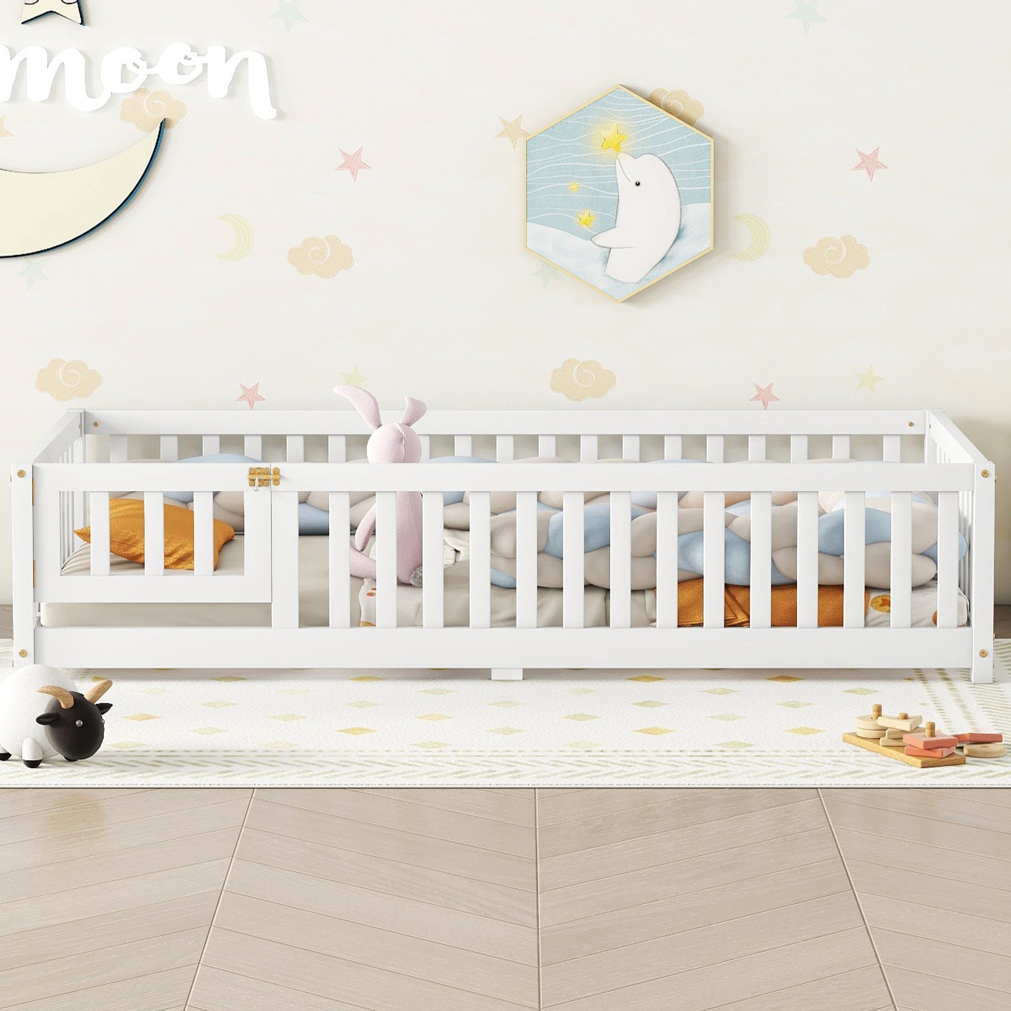 Twin Size Bed Floor Bed With Safety Guardrails And Door For Kids, White