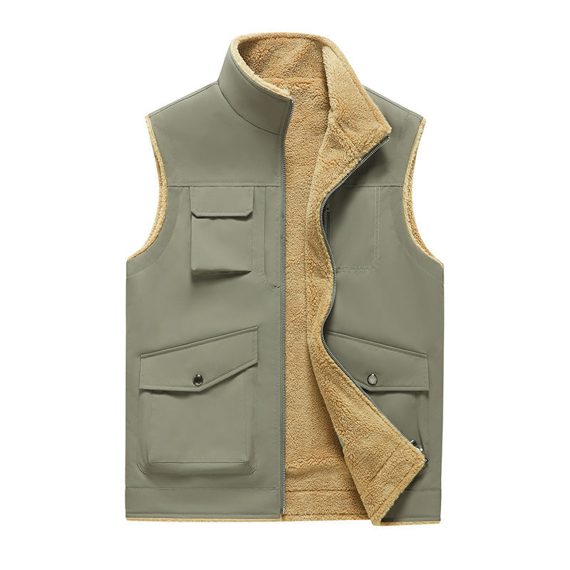 Multi-Pocket Workwear Vest Stand Collar Thin Velvet Vest