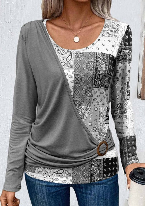 Printed Solid Color Stitching Casual Long Sleeve Shirt