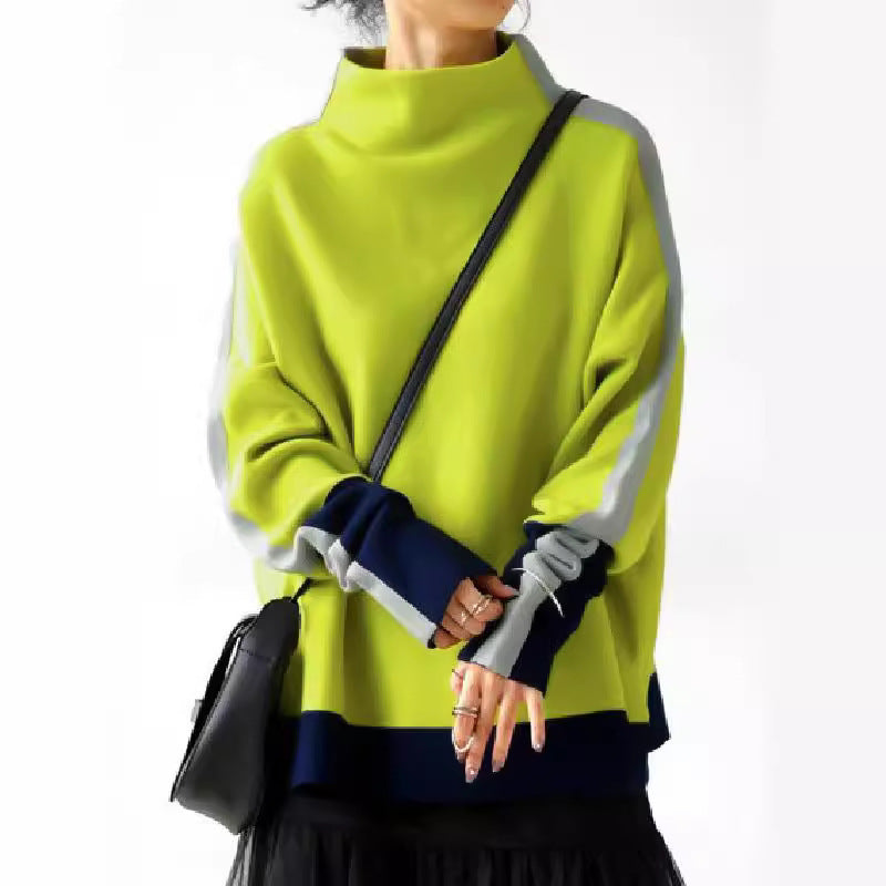 Long Sleeve Contrast Color Slit Turtleneck Hoodie And Sweatshirt
