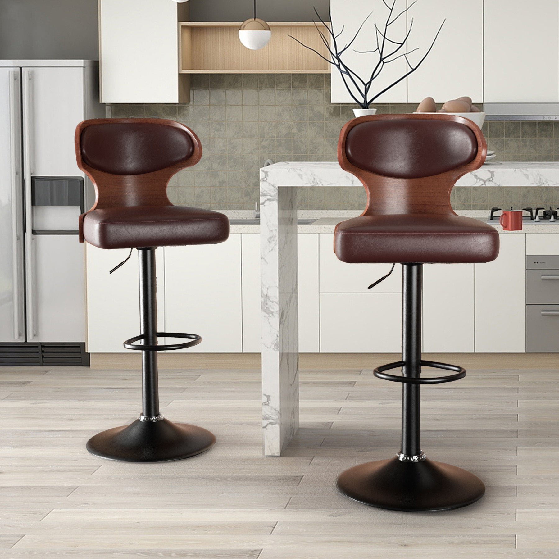 PU Leather Bar Stools Set of 2, 360° Swivel with L-Shaped Backrest – Mid-Century Counter Height Stool, 265lbs Capacity, X-Brace Support & Retro Design for Kitchen, Home Bar