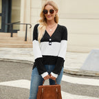 Women's Long Sleeve V-collar Contrast Color Loose Top