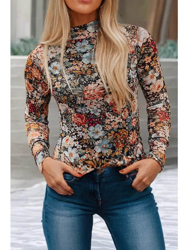 Ldc Floral Long Sleeve High Neck Sheath Mesh Blouse