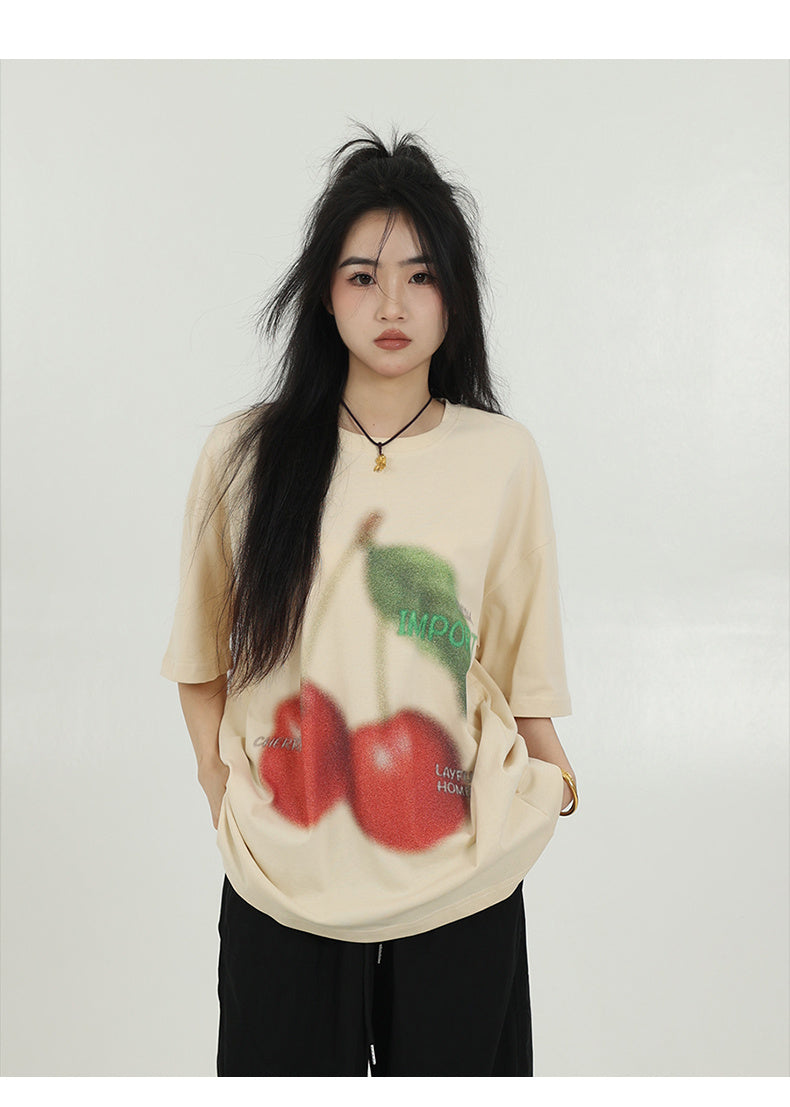 Women's Simple Cherry Print Short-sleeved T-shirt
